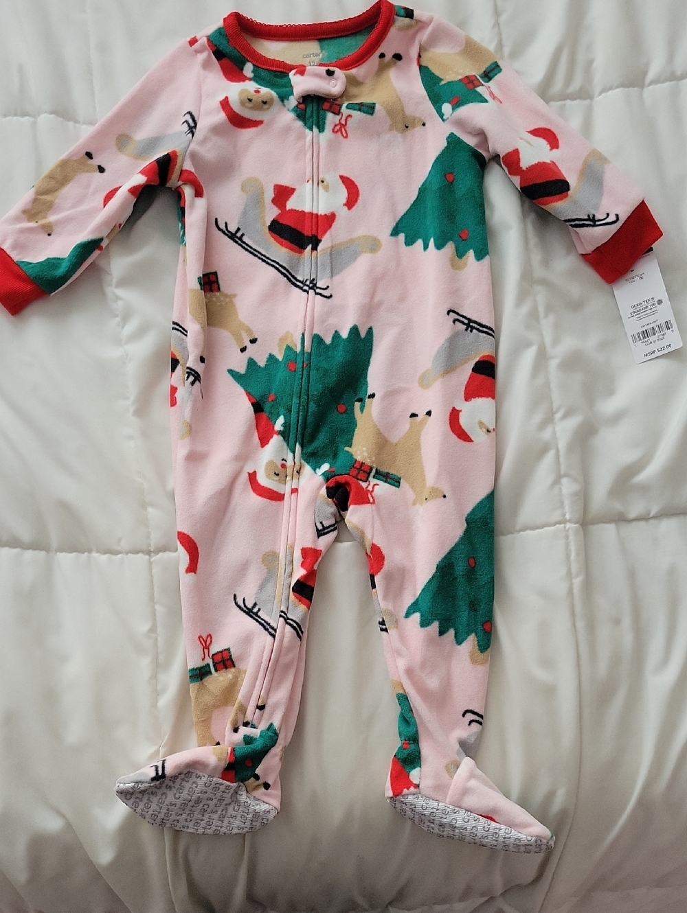 Carter's Pink Holiday Santa & Tree Footed One-Piece
